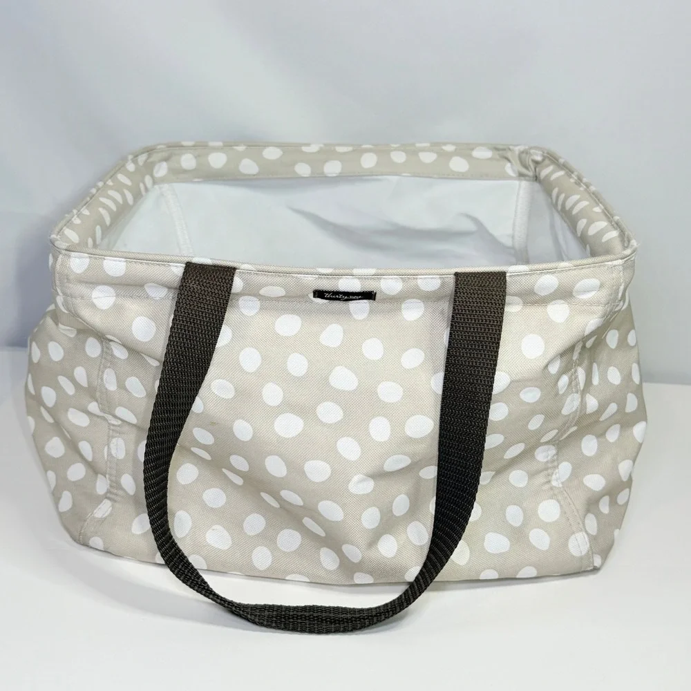 Thirty-One Square Utility Tote Taupe Polka Dot Collapsible Storage Bag Retired